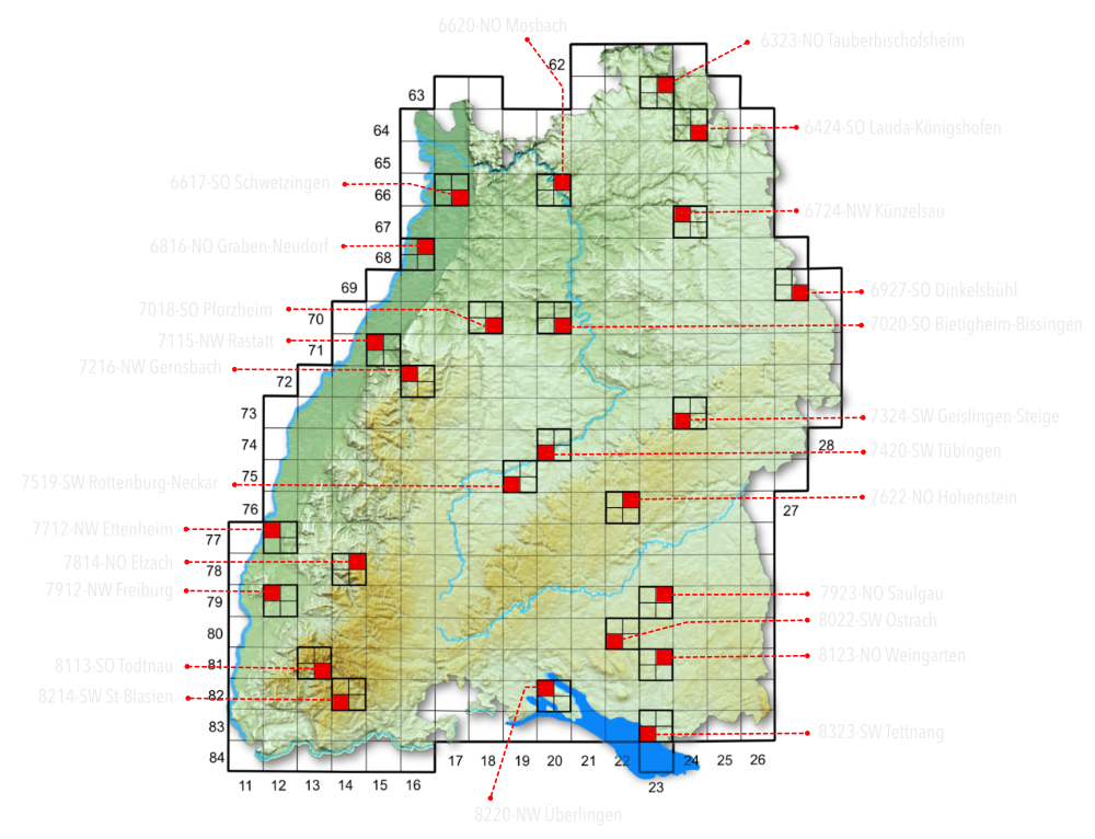 Karte mit den 25 Probeflächen des Nachtfalter-Monitorings in Baden-Württemberg